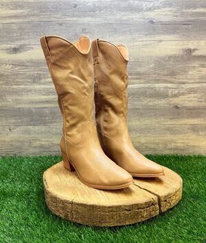 Unknown Women - Size 6.5 - Tan Faux Leather Zipper Cowboy Boots